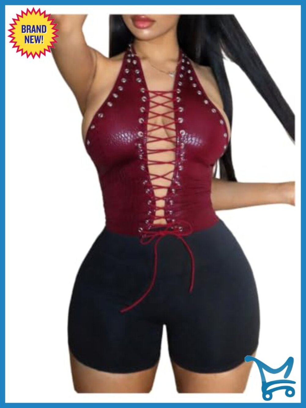 PU Leather Halter Corset Top Y2k Punk Crisscross Lace Up Club Top